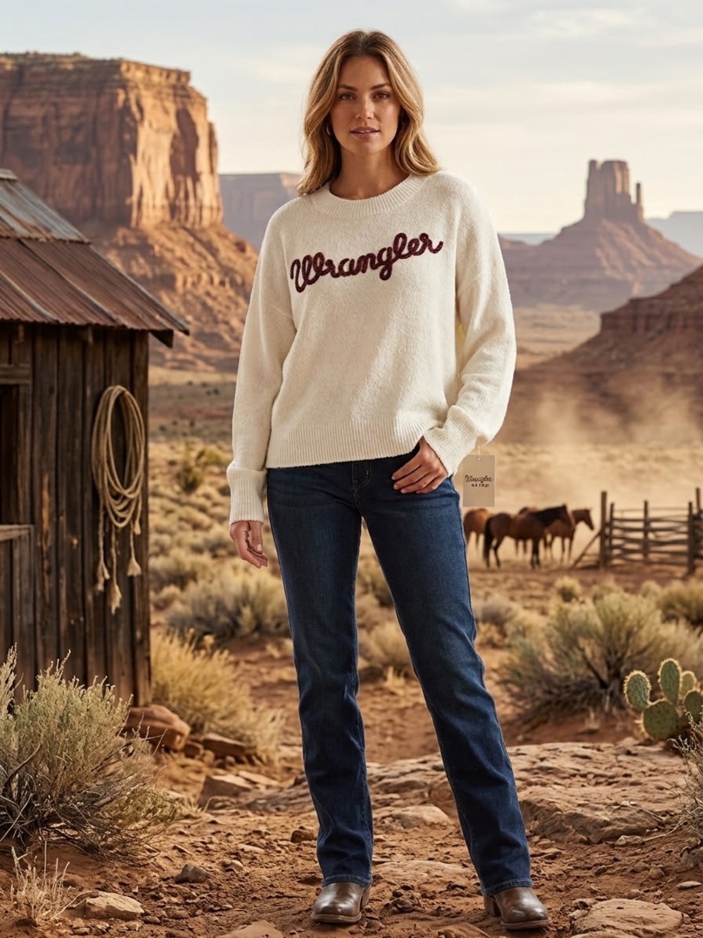 Wrangler Cream Sweater with Dark Blue Straight-Leg Jeans